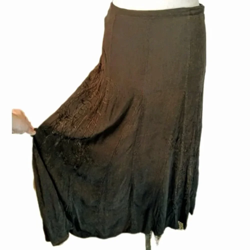 Vtg Coldwater Creek Boho Gypsy Maxi Skirt Chocolate Brown Paisley Embroidered XS